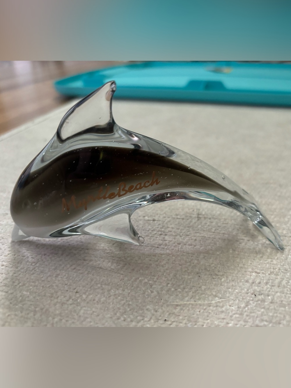 Glass Dolphin Figurine with 'Myrtle Beach' Script - Clear and Smoke